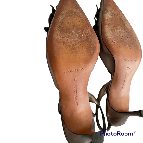 Manolo Blanik brown metallic pointed toe sling back high heels floral appliqués - Picture 4 of 9